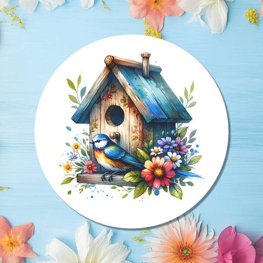 Aquarellbilder von Birdhouse und Bird Runder Aufkleber