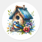 Aquarellbilder von Birdhouse und Bird Runder Aufkleber (Vorderseite)