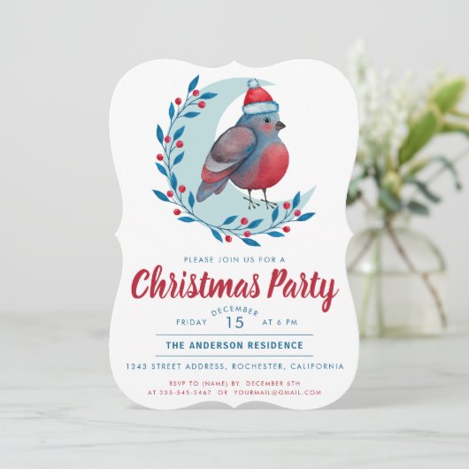 Aquarellbird auf dem Mond Weihnachts-Party Einladung (Stehend Vorderseite)