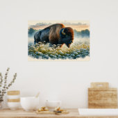 Aquarellbison Weiße Wildblumen Poster (Küche)