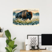 Aquarellbison Weiße Wildblumen Poster (Heimbüro)