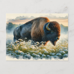 Aquarellbison Weiße Wildblumen Postkarte