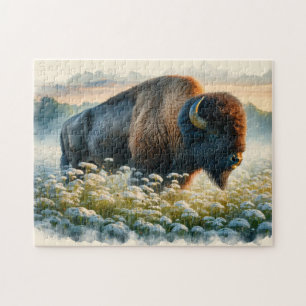Aquarellbison Weiße Wildblumen Puzzle