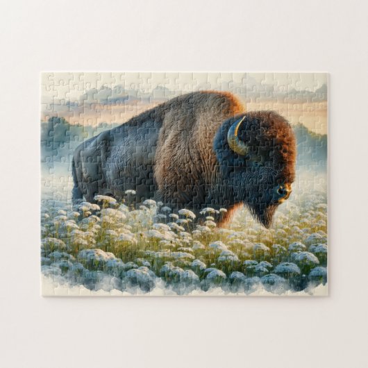 Aquarellbison Weiße Wildblumen Puzzle (Horizontal)