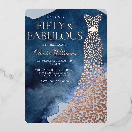 Aquarellblau 50. Geburtstag Rose Gold Dress Folieneinladung (Vorderseite)
