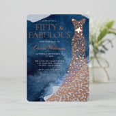 Aquarellblau 50. Geburtstag Rose Gold Dress Folieneinladung (Stehend vorne)