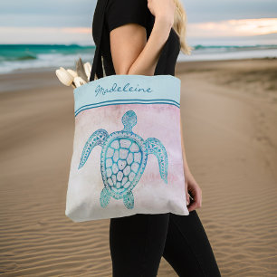 Aquarellblau Aquamarine Meeresschildkröte auf Pfir Tasche