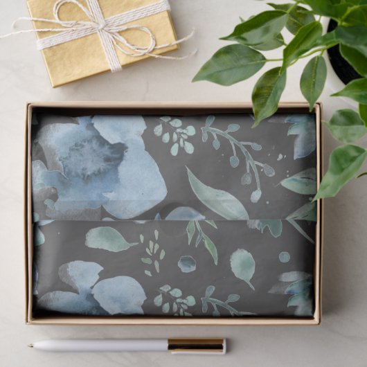 Aquarellblau auf dunkelgraue Blüte Seidenpapier (Geschenk)