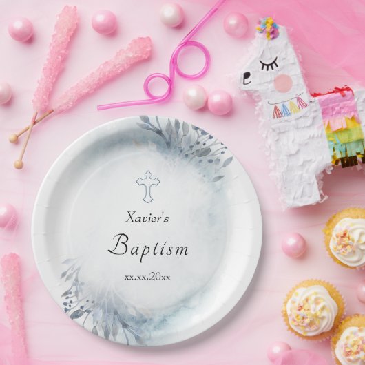 Aquarellblau Blattwerk Taufpapier Platte Pappteller (Party)