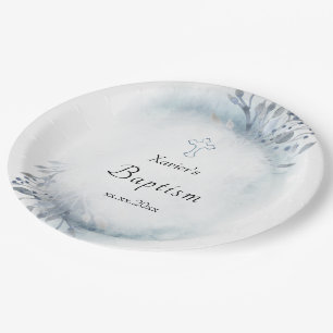 Aquarellblau Blattwerk Taufpapier Platte Pappteller
