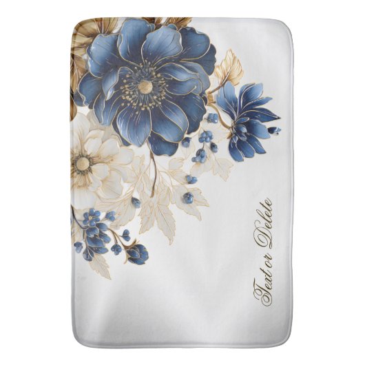 Aquarellblau Blau Weißer Golden Floral Silber Badematte (Vorderseite Vertikal)