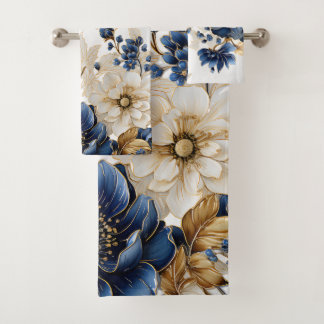Aquarellblau Blau Weißer Golden Floral Silber Badhandtuch Set