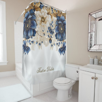 Aquarellblau Blau Weißer Golden Floral Silber Duschvorhang