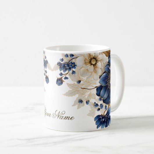 Aquarellblau Blau Weißer Golden Floral Silber Kaffeetasse (VorderseiteRechts)