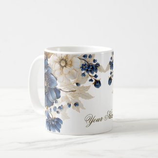 Aquarellblau Blau Weißer Golden Floral Silber Kaffeetasse