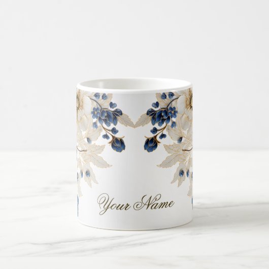 Aquarellblau Blau Weißer Golden Floral Silber Kaffeetasse (Mittel)