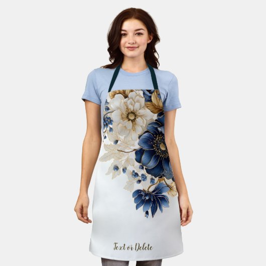 Aquarellblau Blau Weißer Golden Floral Silber Schürze (Getragen)