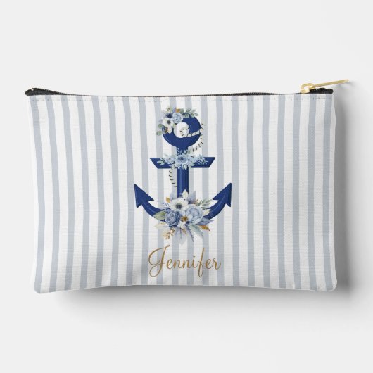 Aquarellblau blaue naustripes goldener Name Zubehörtasche (Rückseite)