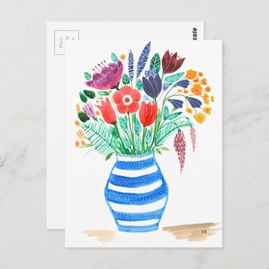 Aquarellblau Blauer Vase, helle Blume Postkarte (Vorne/Hinten)