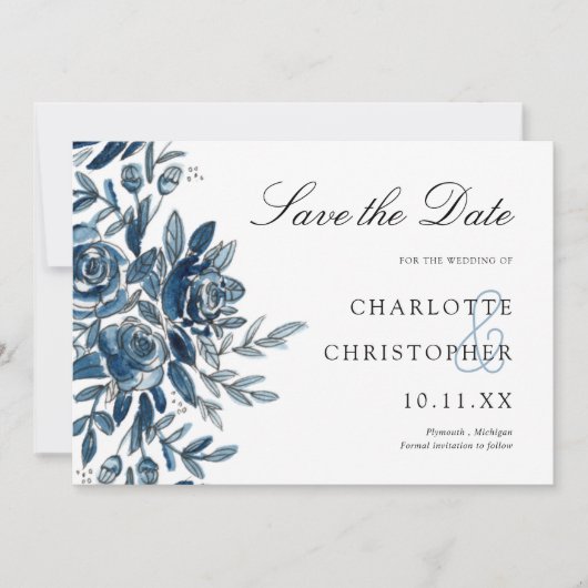 Aquarellblau blühend Save the Date Einladung (Vorderseite)