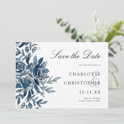Aquarellblau blühend Save the Date Einladung (Stehend Vorderseite)