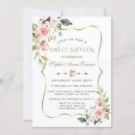 Aquarellblau Blume Goldrahmen Sweet 16 Einladung