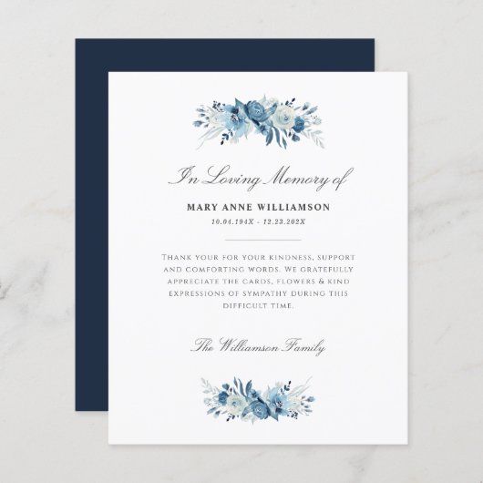 Aquarellblau Blumen Beerdigung Danke Karte (Vorne/Hinten)