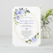 Aquarellblau Blumen Goldrahmen Hochzeit Einladung (Stehend Vorderseite)