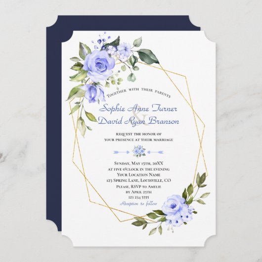 Aquarellblau Blumen Goldrahmen Hochzeit Einladung (Vorne/Hinten)