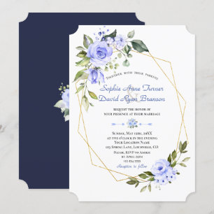 Aquarellblau Blumen Goldrahmen Hochzeit Einladung