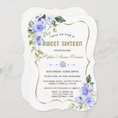Aquarellblau Blumen Goldrahmen Sweet 16 Einladung (Vorne/Hinten)