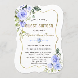 Aquarellblau Blumen Goldrahmen Sweet 16 Einladung