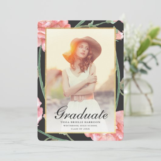 Aquarellblau Blush Foto Abschluss Schwarz Einladung (Stehend Vorderseite)