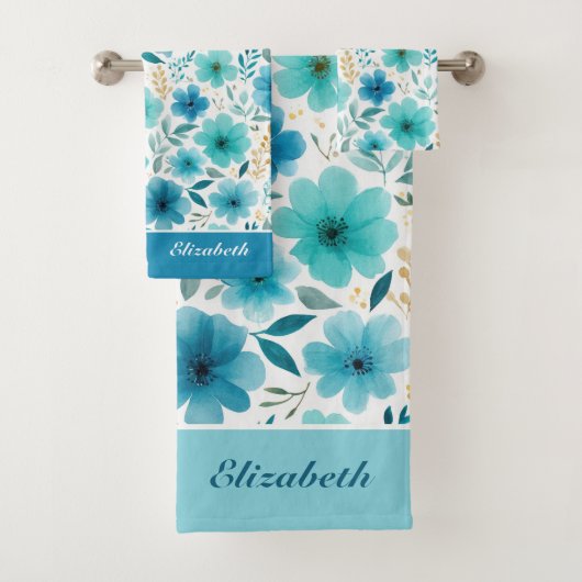 Aquarellblau Blüten Mit Monogramm Name Blume Badhandtuch Set (Insitu)