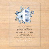 Aquarellblau Blüten Taufe Acryleinladungen (Vorderseite)