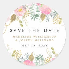 Aquarellblau - Blütenblau und Gold Save the Date Runder Aufkleber