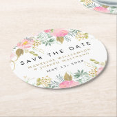 Aquarellblau Blütenblau und Gold Save the Date Runder Pappuntersetzer (Angewinkelt)