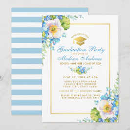 Aquarellblau Blütenblume Gold Grad Party Einladung