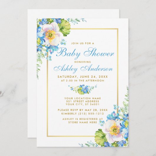 Aquarellblau Blütengolddusche Einladung (Vorne/Hinten)
