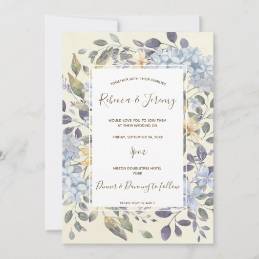 Aquarellblau Blütenhydrangea Hochzeit einladen Einladung (Vorderseite)