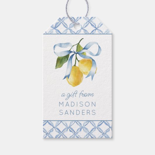 Aquarellblau Bow Lemons Geschenkverpackung Geschenkanhänger (Vorderseite)