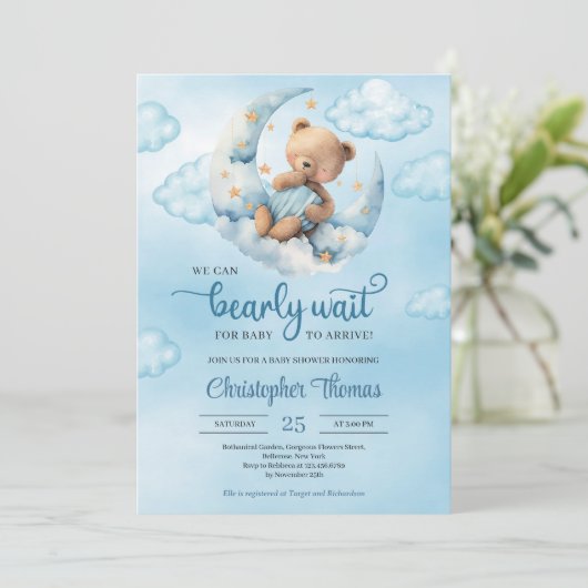 Aquarellblau-brauner Teddybär über dem Mond Einladung (Stehend Vorderseite)