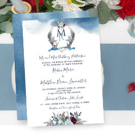 Aquarellblau Burgund Lila Flora und Wappen Einladung