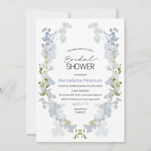 Aquarellblau-Delphinium-Blüten Brautparty Einladung (Vorderseite)