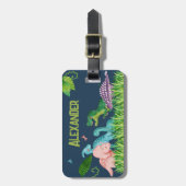 Aquarellblau-Dinosaurier mit Kindernamen Gepäckanhänger (Vorderseite vertikal)