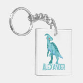 Aquarellblau-Dinosaurier mit Kindernamen Schlüsselanhänger (Vorderseite links)