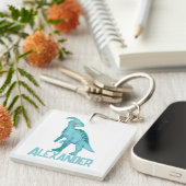 Aquarellblau-Dinosaurier mit Kindernamen Schlüsselanhänger (Vorderseite rechts)