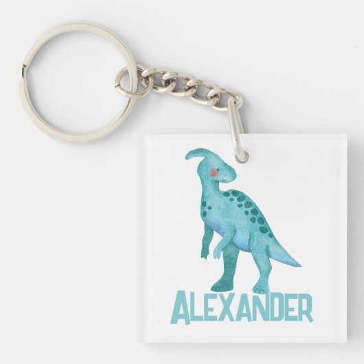 Aquarellblau-Dinosaurier mit Kindernamen Schlüsselanhänger (Vorderseite)