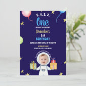 Aquarellblau & gelb Astronaut 1. Geburtstag Einladung (Stehend Vorderseite)