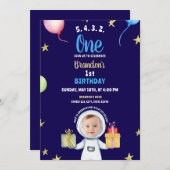 Aquarellblau & gelb Astronaut 1. Geburtstag Einladung (Vorne/Hinten)